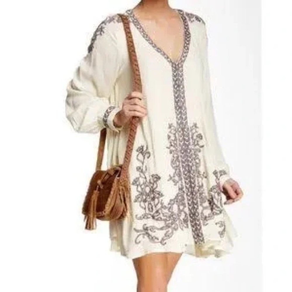 Free People Embroidered Cream Dress Small